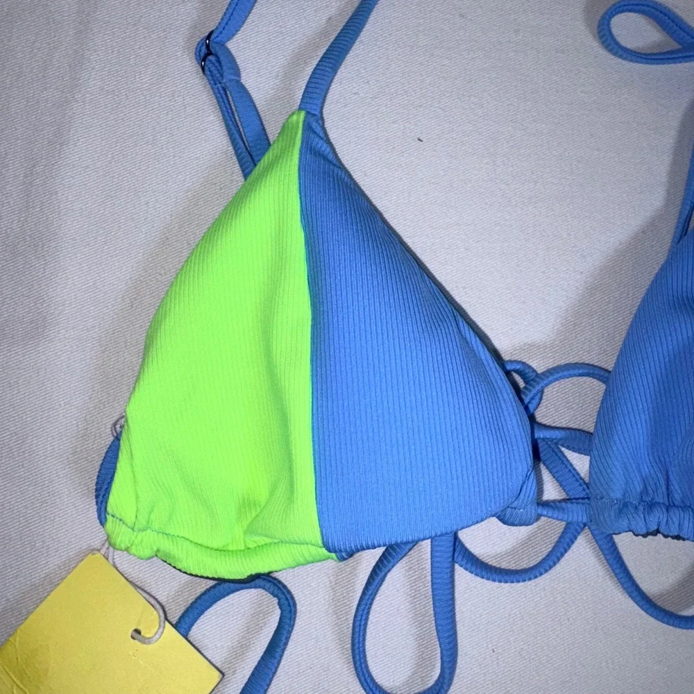 Maaji string tie up Bikini Set Medium Blue Neon Green NEW Ribbed Colorblock